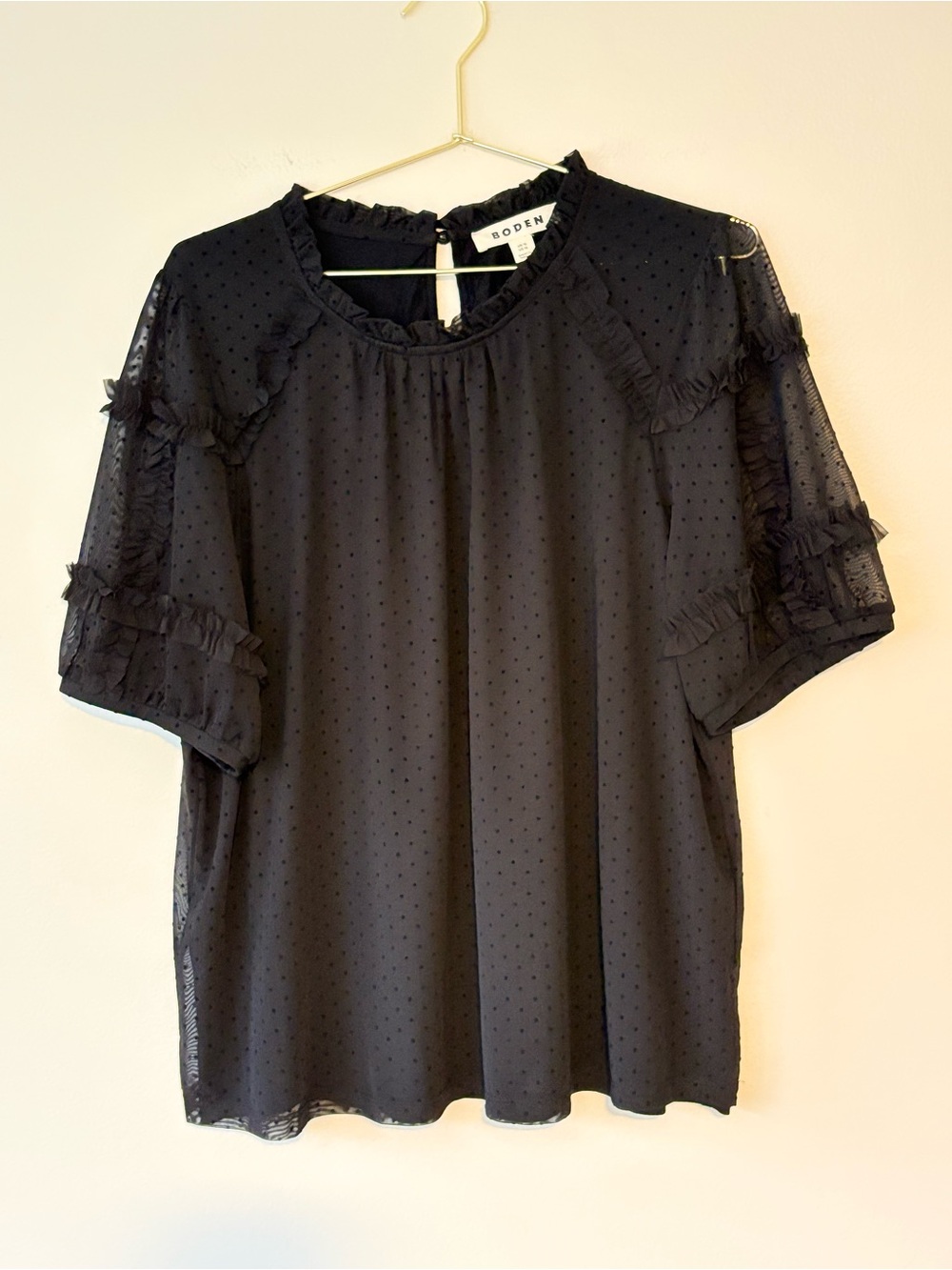 Boden Black Swiss Dot Ruffle Blouse Sheer Sleeve Top Women’s US 14